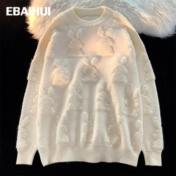  EBAIHIUI Baltas Saldus Megztinis prancūzijos Vintage Megztinis Megztiniai Moterims 3D Triušis Rudens Žiemos Prarasti Šiltas Megztas Outwear Viršūnės