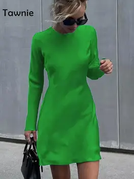  Tawnie 2022 m. Rudenį Y2K Mėlyna Satino Mini Suknelė Moterims Atsitiktinis O Kaklo, ilgomis Rankovėmis Bodycon Elegantiška Žalios Suknelės, Šaliai Klubas Komplektai